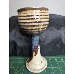 8" Pottery Chalise Ribbed Brown Striping Blue Brown Gray Base
